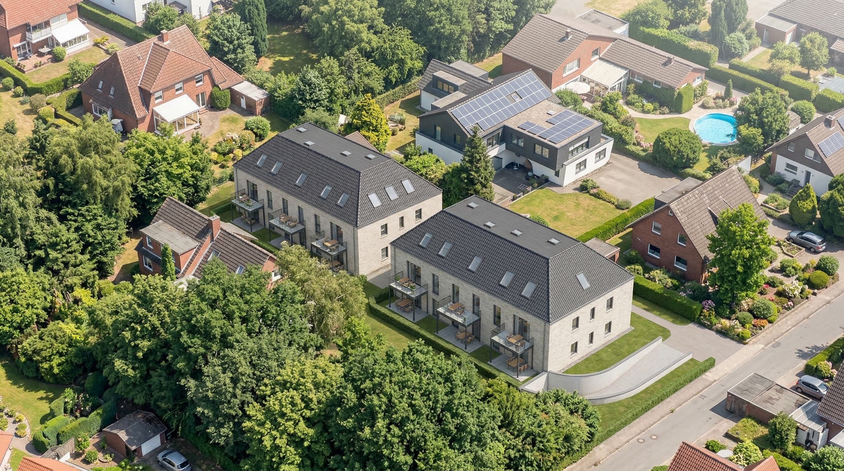 Luftbild der Pommernstraße 12 in Münster-Angelmodde — Sackgassenlage am Waldrand