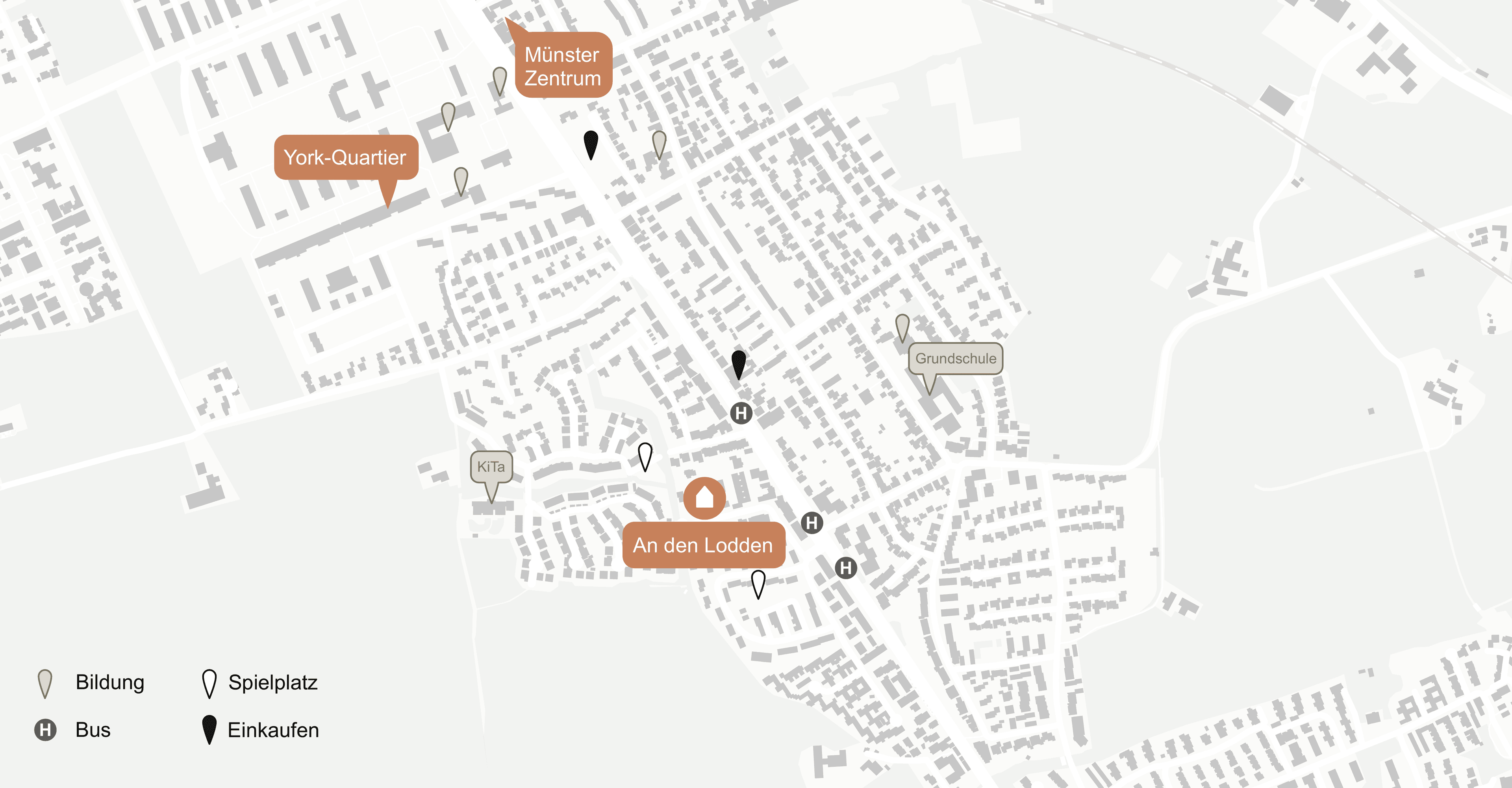 Quartierskarte Angelmodde mit Infrastruktur — Bildung, Bus, Einkaufen, Spielplätze